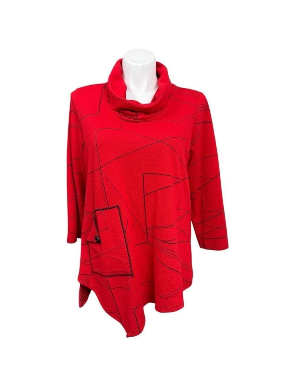 Ali Miles Red Geometric Cowl Neck Tunic Top Size Large Asymmetrical Hem